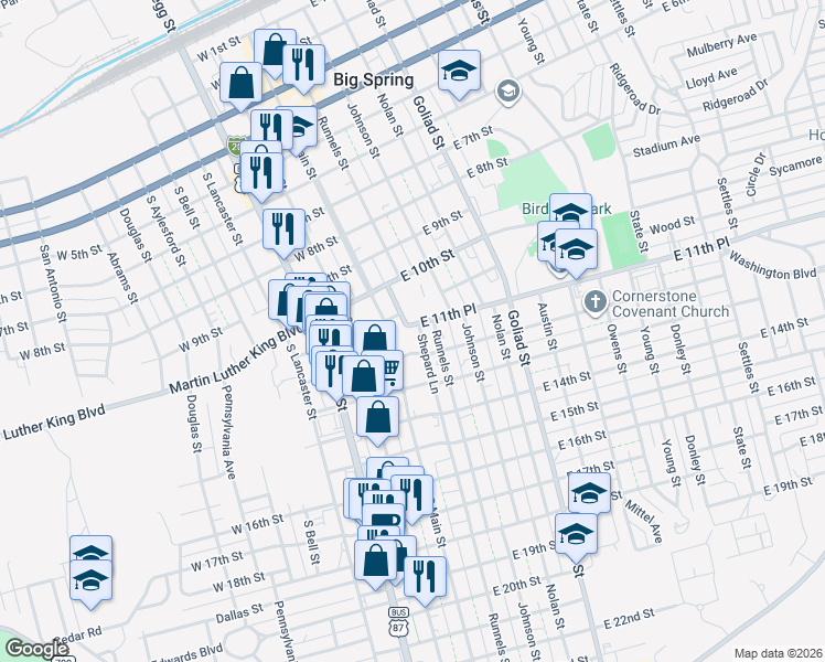 map of restaurants, bars, coffee shops, grocery stores, and more near 1101-1199 South Main Street in Big Spring