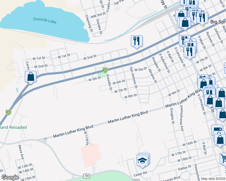 map of restaurants, bars, coffee shops, grocery stores, and more near 1400 Nolan Street in Big Spring