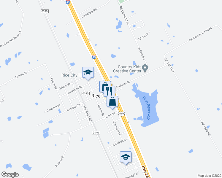 map of restaurants, bars, coffee shops, grocery stores, and more near Interstate 45 in Rice