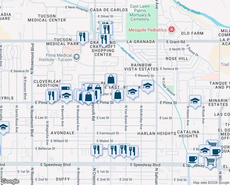 map of restaurants, bars, coffee shops, grocery stores, and more near 5625 East Pima Street in Tucson