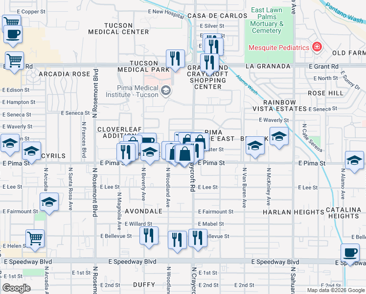 map of restaurants, bars, coffee shops, grocery stores, and more near 5425 East Pima Street in Tucson