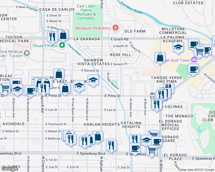 map of restaurants, bars, coffee shops, grocery stores, and more near 5933 East Pima Street in Tucson