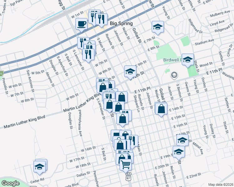 map of restaurants, bars, coffee shops, grocery stores, and more near 1101-1199 Scurry Street in Big Spring