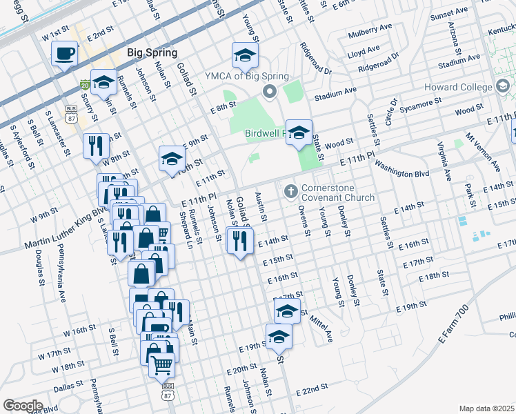 map of restaurants, bars, coffee shops, grocery stores, and more near 1200 Austin Street in Big Spring