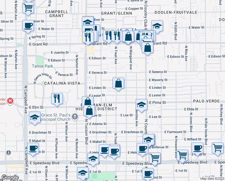 map of restaurants, bars, coffee shops, grocery stores, and more near 2802 East Lester Street in Tucson