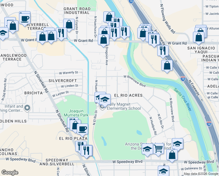 map of restaurants, bars, coffee shops, grocery stores, and more near 1746 North Dragoon Street in Tucson