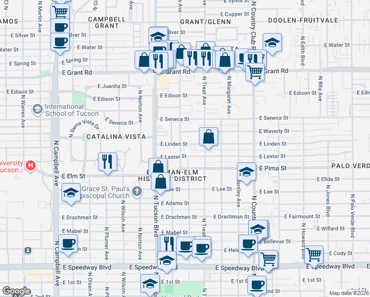 map of restaurants, bars, coffee shops, grocery stores, and more near 2606 East Linden Street in Tucson