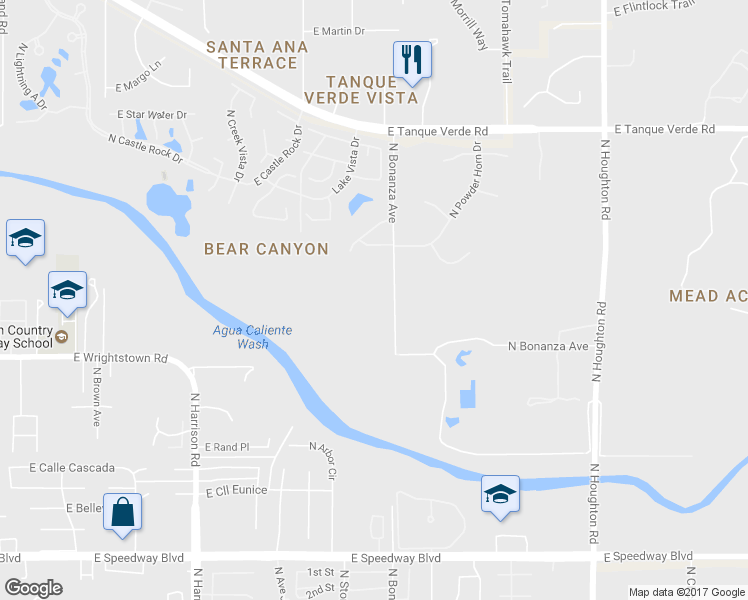 map of restaurants, bars, coffee shops, grocery stores, and more near 1901 North Bonanza Avenue in Tucson