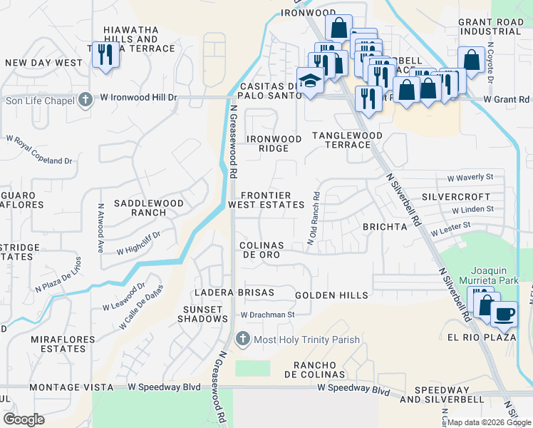 map of restaurants, bars, coffee shops, grocery stores, and more near 2402 West Wagon Wheel Drive in Tucson