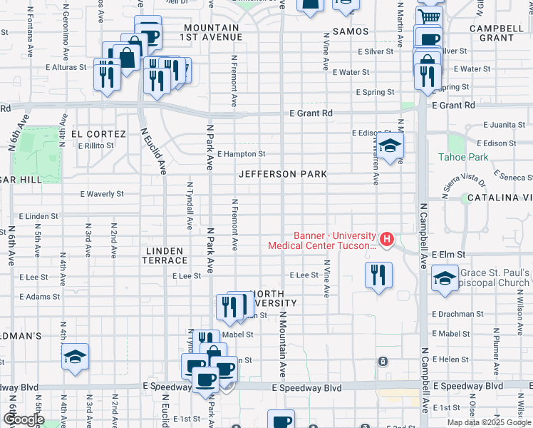 map of restaurants, bars, coffee shops, grocery stores, and more near 1220 East Waverly Street in Tucson