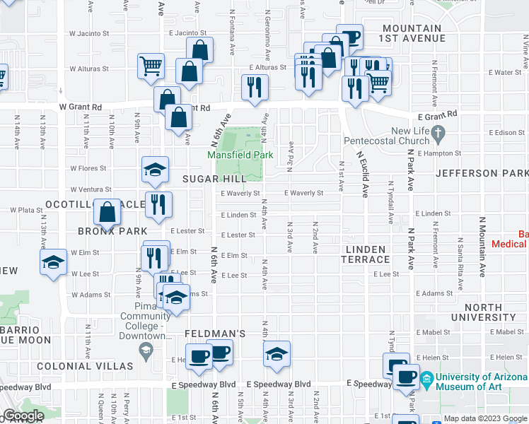 map of restaurants, bars, coffee shops, grocery stores, and more near E Linden St & N 4th Ave in Tucson