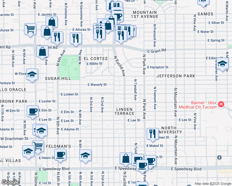 map of restaurants, bars, coffee shops, grocery stores, and more near 1940 North 1st Avenue in Tucson