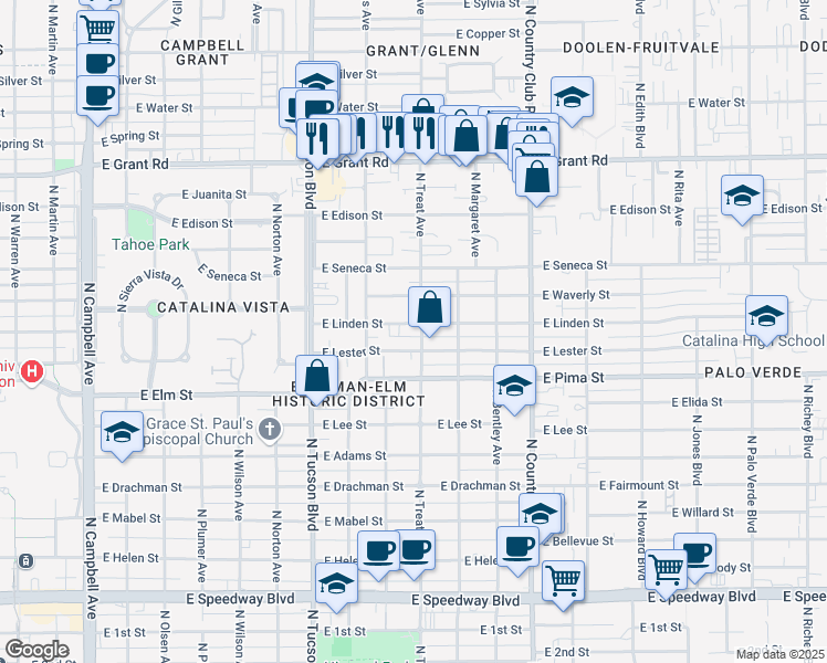 map of restaurants, bars, coffee shops, grocery stores, and more near 2801 East Linden Street in Tucson