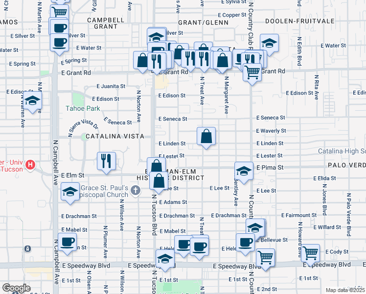 map of restaurants, bars, coffee shops, grocery stores, and more near 2617 East Linden Street in Tucson