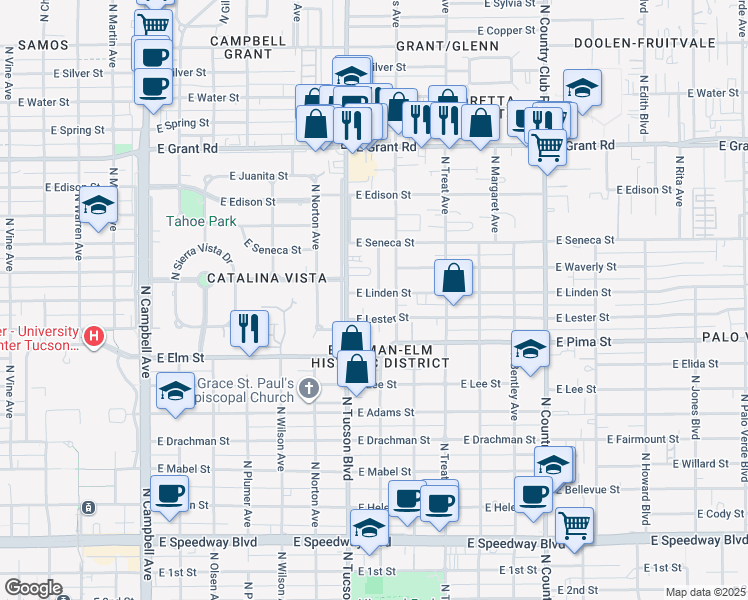 map of restaurants, bars, coffee shops, grocery stores, and more near 1917 North Tucker Drive in Tucson