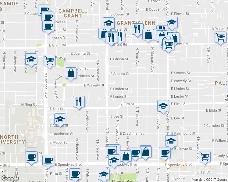 map of restaurants, bars, coffee shops, grocery stores, and more near 1917 North Tucker Drive in Tucson