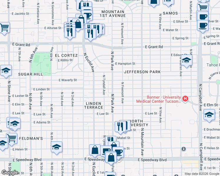 map of restaurants, bars, coffee shops, grocery stores, and more near 1990 North Park Avenue in Tucson