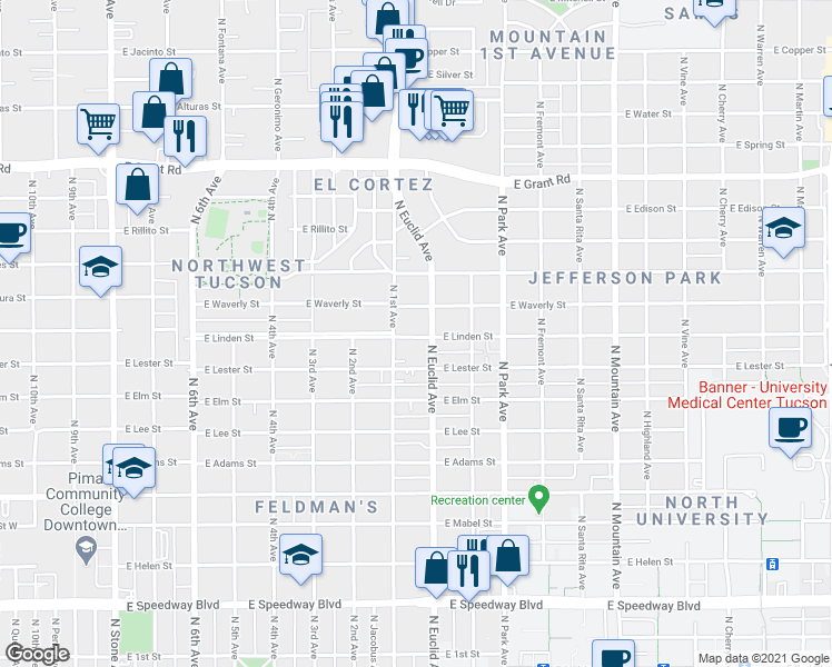 map of restaurants, bars, coffee shops, grocery stores, and more near 802 East Waverly Street in Tucson