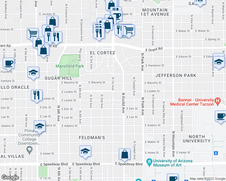 map of restaurants, bars, coffee shops, grocery stores, and more near North 1st Avenue & East Linden Street in Tucson