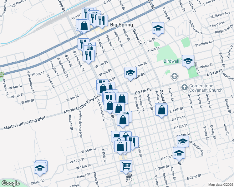 map of restaurants, bars, coffee shops, grocery stores, and more near 101-199 West 10th Street in Big Spring