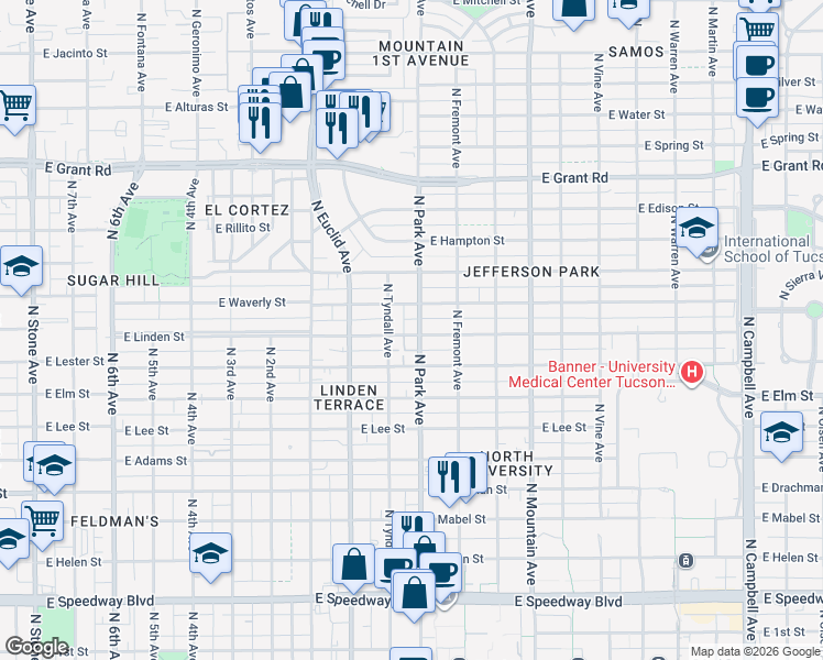 map of restaurants, bars, coffee shops, grocery stores, and more near 1990 North Park Avenue in Tucson