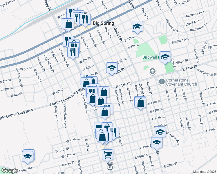 map of restaurants, bars, coffee shops, grocery stores, and more near 1101 South Main Street in Big Spring