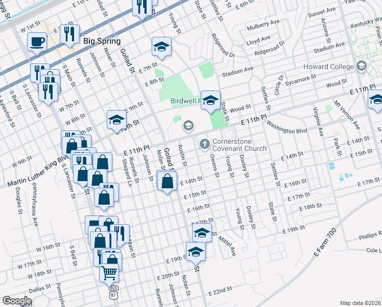 map of restaurants, bars, coffee shops, grocery stores, and more near 604 Northeast 11th Street in Big Spring