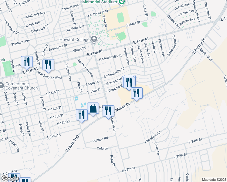 map of restaurants, bars, coffee shops, grocery stores, and more near 1805 Alabama Street in Big Spring