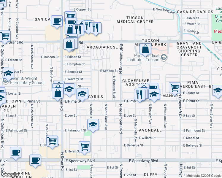 map of restaurants, bars, coffee shops, grocery stores, and more near 1863 N Frances Blvd in Tucson