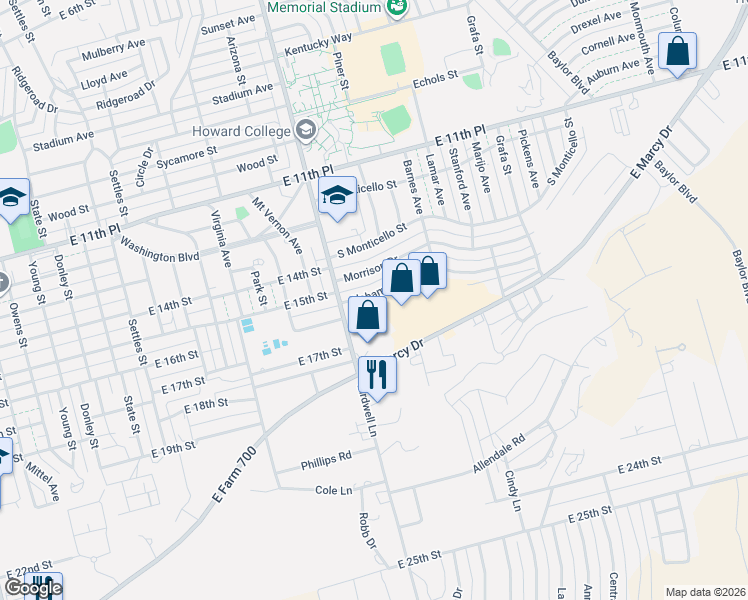 map of restaurants, bars, coffee shops, grocery stores, and more near 1805 Alabama Street in Big Spring
