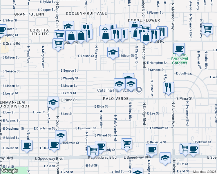 map of restaurants, bars, coffee shops, grocery stores, and more near 3445 East Linden Street in Tucson