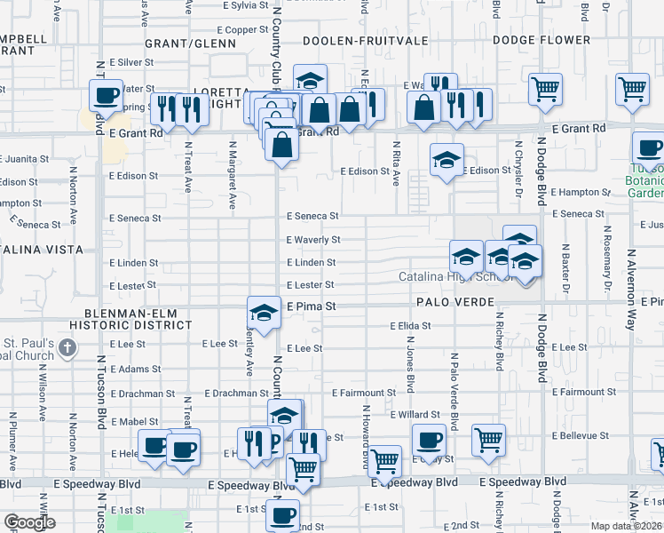 map of restaurants, bars, coffee shops, grocery stores, and more near 3229 East Linden Street in Tucson