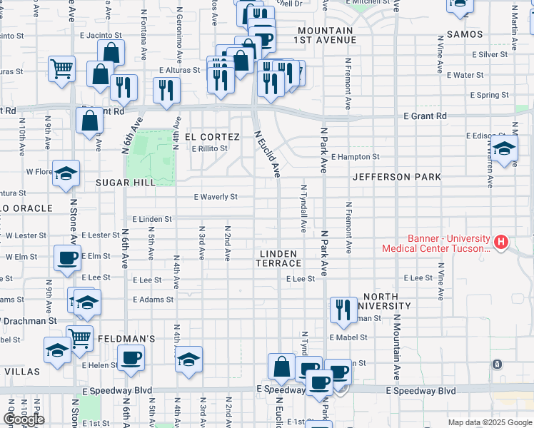 map of restaurants, bars, coffee shops, grocery stores, and more near 1940 North 1st Avenue in Tucson