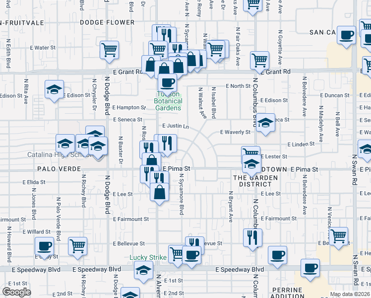 map of restaurants, bars, coffee shops, grocery stores, and more near 3975 East Louis Lane in Tucson