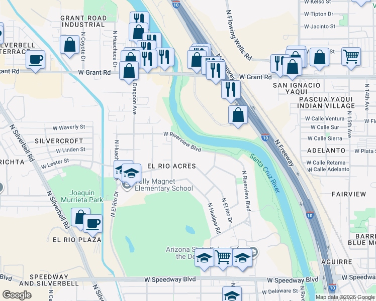 map of restaurants, bars, coffee shops, grocery stores, and more near 1448 West Riverview Boulevard in Tucson