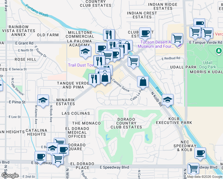 map of restaurants, bars, coffee shops, grocery stores, and more near 6649 East Calle Alegria in Tucson