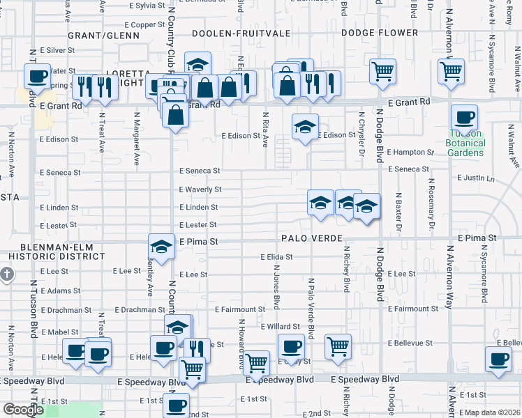 map of restaurants, bars, coffee shops, grocery stores, and more near 3332 East Linden Street in Tucson