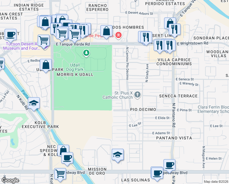 map of restaurants, bars, coffee shops, grocery stores, and more near 7521 East Linden Circle in Tucson