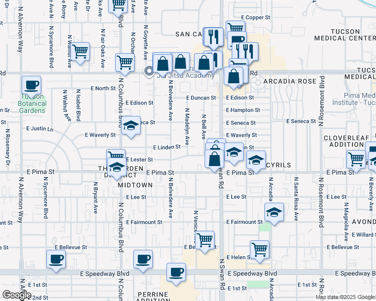 map of restaurants, bars, coffee shops, grocery stores, and more near 4565 East Linden Street in Tucson