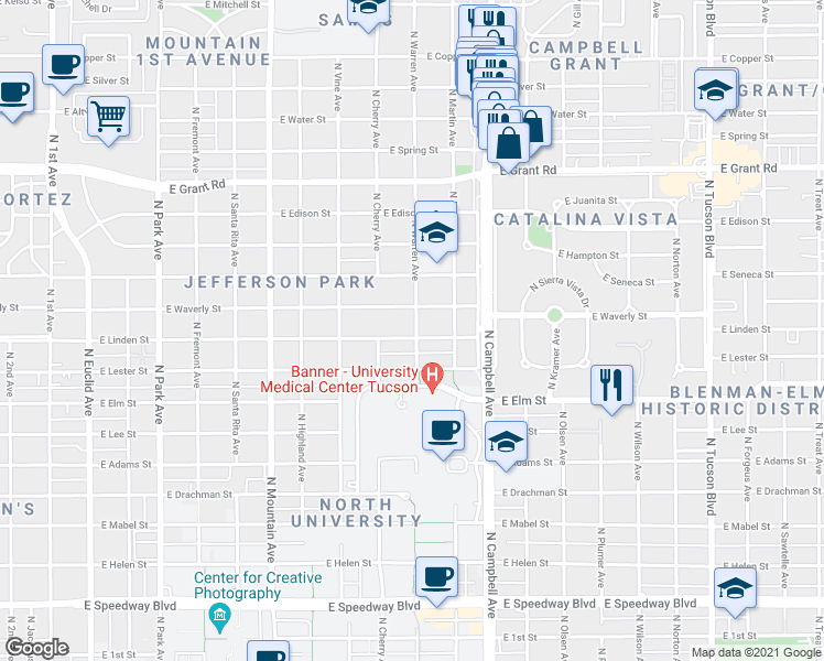 map of restaurants, bars, coffee shops, grocery stores, and more near 1628 East Waverly Street in Tucson