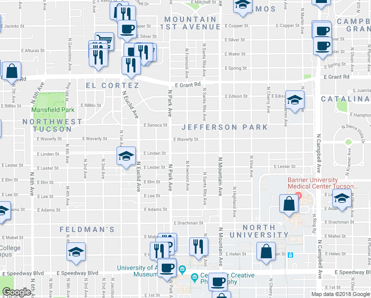 map of restaurants, bars, coffee shops, grocery stores, and more near 1104 East Waverly Street in Tucson