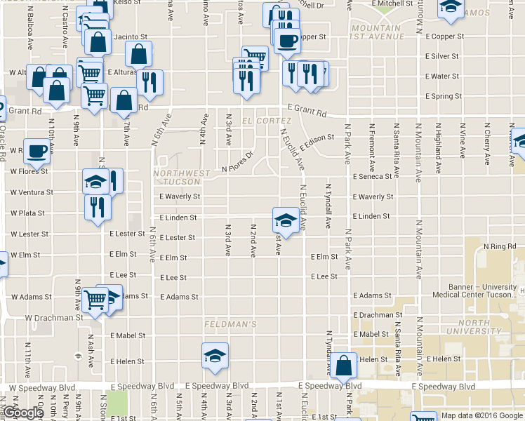 map of restaurants, bars, coffee shops, grocery stores, and more near 604 East Waverly Street in Tucson