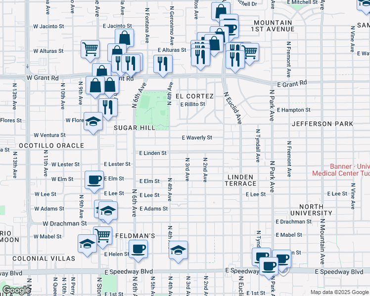 map of restaurants, bars, coffee shops, grocery stores, and more near 504 East Waverly Street in Tucson