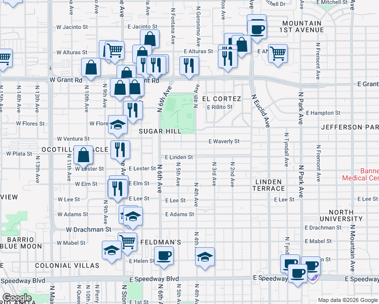 map of restaurants, bars, coffee shops, grocery stores, and more near 306 East Waverly Street in Tucson