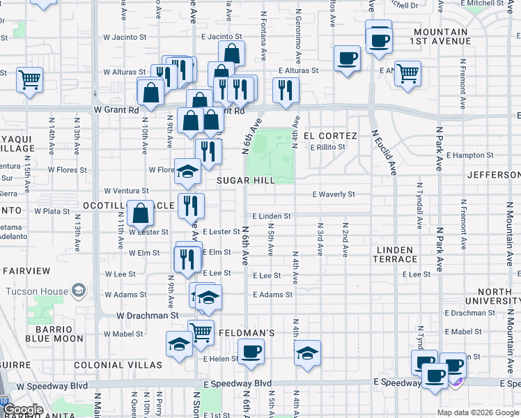 map of restaurants, bars, coffee shops, grocery stores, and more near 204 East Waverly Street in Tucson