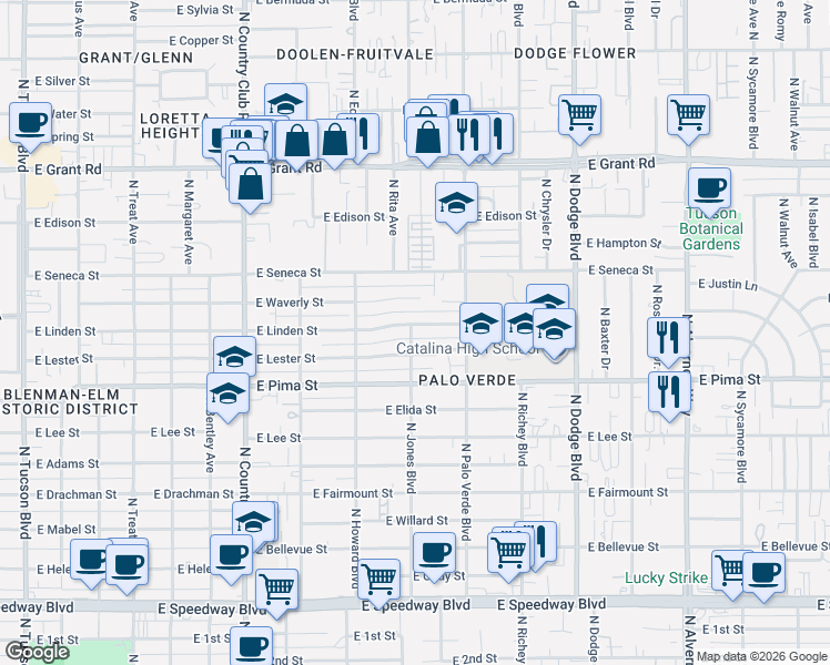 map of restaurants, bars, coffee shops, grocery stores, and more near 3402 East Linden Street in Tucson