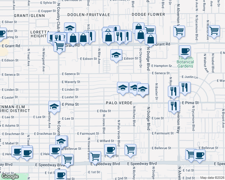 map of restaurants, bars, coffee shops, grocery stores, and more near 3445 East Linden Street in Tucson