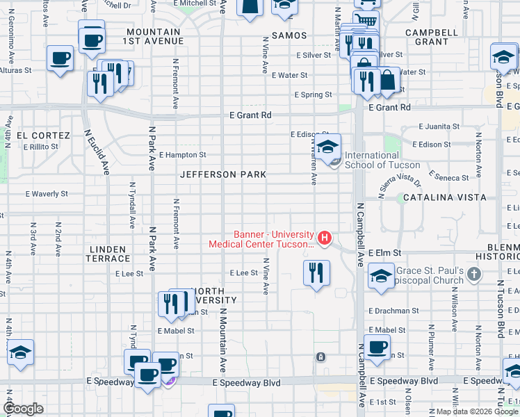 map of restaurants, bars, coffee shops, grocery stores, and more near 1430 East Waverly Street in Tucson