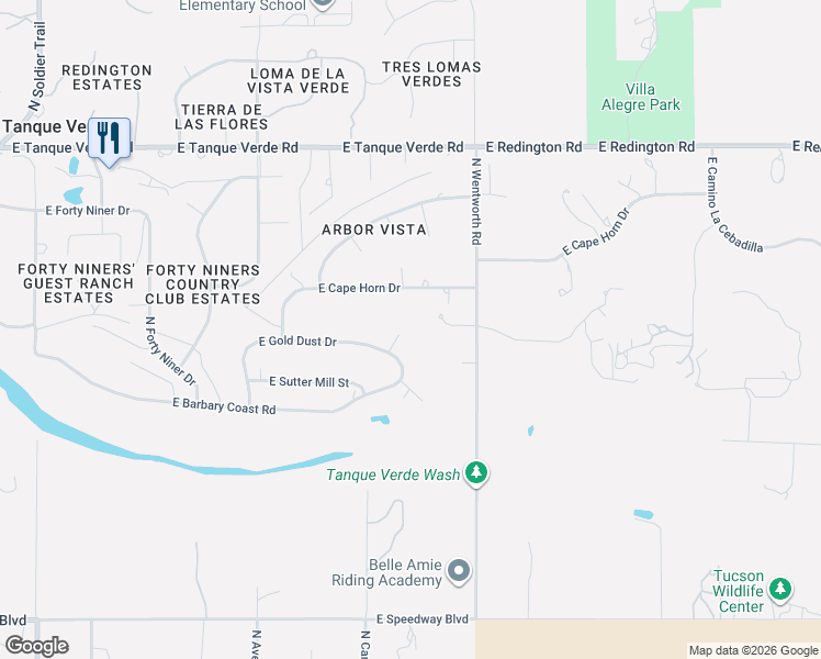map of restaurants, bars, coffee shops, grocery stores, and more near 12513 East Jeffers Place in Tucson