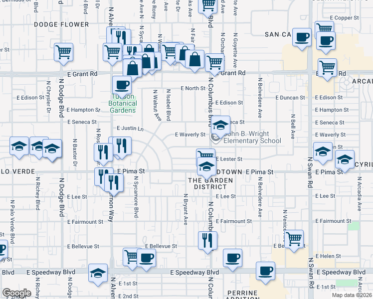 map of restaurants, bars, coffee shops, grocery stores, and more near 4150 East Linden Street in Tucson